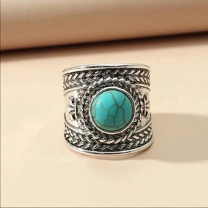 Boho Silver Turquoise Statement Cuff Ring — Adjustable Western Style Jewelry